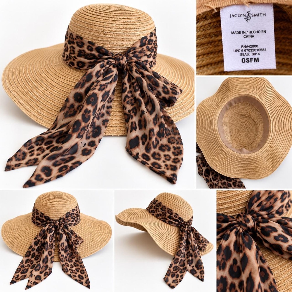 Jaclyn Smith Leopard Scarf Wide Brim Floppy Sun Hat OSFM